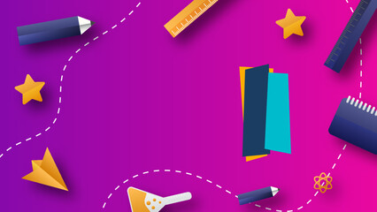 Back to school abstract background with modern simple hand-drawn doodle, pencil, notebook, wavy elements