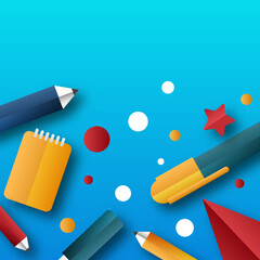 Back to school abstract background with modern simple hand-drawn doodle, pencil, notebook, wavy elements