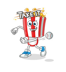 popcorn head cartoon throwing baseball vector. cartoon character