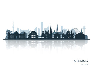 Vienna skyline silhouette with reflection. Landscape Vienna, Austria. Vector illustration. - obrazy, fototapety, plakaty
