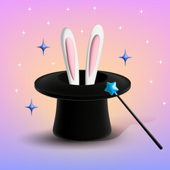 3d magician hat with bunny ears appearing in it. Magic wand trick illustration. Surprise concept