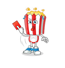 popcorn head cartoon referee with red card illustration. character vector