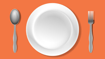 Ceramic plate, stainless steel spoon and fork 3d illustration on orange table. Dinner or supper meal