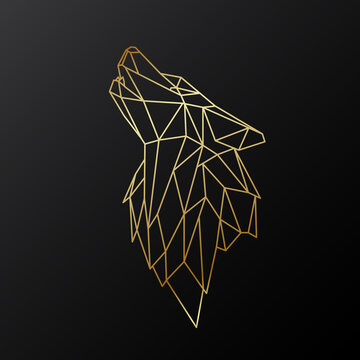 Golden geometric head of howling wolf. Muzzle of wild wolf. Vector design for tattoo, logo, print and etc. © greens87