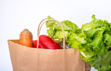 Fresh vegetables in paper shopping bag on white background