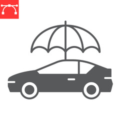 Car insurance glyph icon, protection and vehicle, car with umbrella vector icon, vector graphics, editable stroke solid sign, eps 10.
