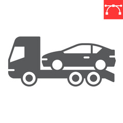 Car towing truck glyph icon, vehicle service and no parking, tow truck vector icon, vector graphics, editable stroke solid sign, eps 10.