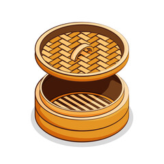 Bamboo steamer. Hand drawn cartoon illustration isolated on white background.