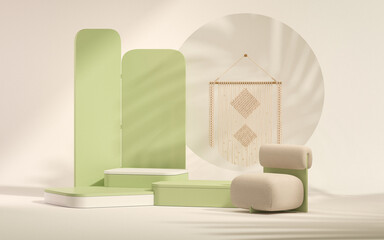 3D podium display, pastel green and white background with palm leaf and Macram&eacute; wall hangings. Minimal pedestal for beauty, cosmetic product. 3d render
