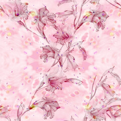 Branch with flowers - Gladiolus. Watercolor background. Abstract wallpaper with floral motifs. Seamless pattern. Wallpaper. Use printed materials, signs, posters, postcards, packaging.