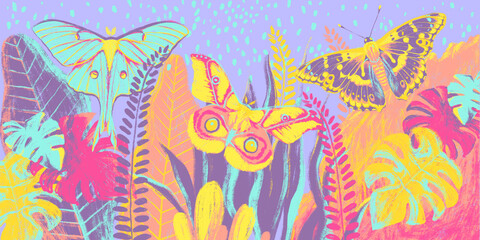 Fototapeta na wymiar Children's bright colorful butterflies with tropical plants. Design for card, postcard, mural, wallpaper, photo wallpaper, painting, book illustration. Design for a nursery, teenage room.
