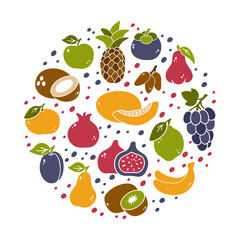 Fruits, bright round illustration. Color silhouette elements. Apple, pear, pineapple, coconut, banana, peach, grape, lime, kiwi, fig. Contour vector icons on white background