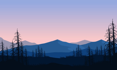 Aesthetic view of the silhouette of mountains and dry trees of the city at dusk