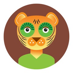 Kawaii funny little tiger, portrait, face on brown round background. Card banner design Nursery decor trend of the season, scandinavian style. Vector