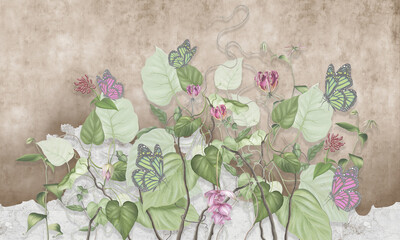 Curly branches with pink and green butterflies. Beautiful painted flowering branches on the abstract  grunge wall. Design for wall mural, card, postcard, wallpaper, photo wallpaper, etc.