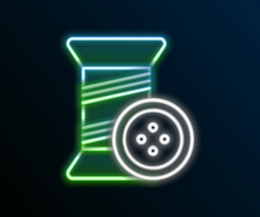 Glowing neon line Sewing thread on spool and button icon isolated on black background. Yarn spool. Thread bobbin. Colorful outline concept. Vector