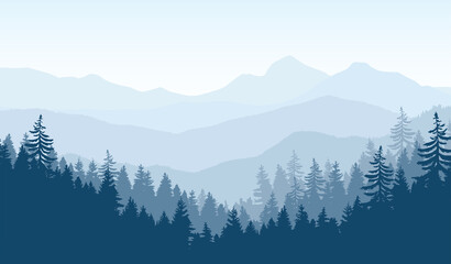 Vector illustration of a beautiful blue mountain landscape with fog and forest.