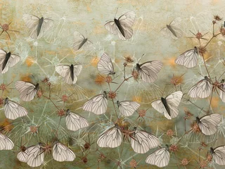 Foto auf Acrylglas Schmetterlinge im Grunge Butterflies on thorns painted on the grunge green wall. Beautiful design for postcard, card, picture, mural, wallpaper, photo wallpaper.