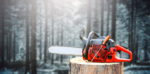 Chainsaw that stands on a heap of firewood in the yard on a dark forest background.