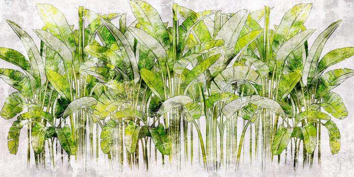 Tropical leaves on concrete background. Great choise for mural, card, postcard, wallpaper and photo wallpaper. Design for modern and loft interiors.
