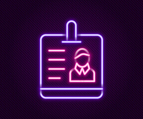 Obraz premium Glowing neon line Identification badge icon isolated on black background. It can be used for presentation, identity of the company, advertising. Colorful outline concept. Vector