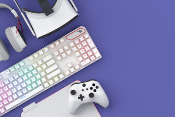 Top view of gamer workspace and gear like mouse, keyboard, joystick, headset, VR © Vasyl Onyskiv