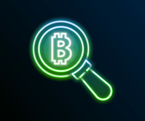 Glowing neon line Magnifying glass with Bitcoin icon isolated on black background. Physical bit coin. Blockchain based secure crypto currency. Colorful outline concept. Vector