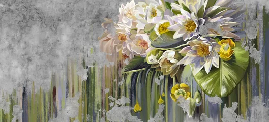 Foto op Canvas Water lilies, pitchers oil painted. Flowers painted on a concrete grunge wall. Stunningly beautiful, modern mural, wallpaper, photo wallpaper, cover, postcard design. © Natalia