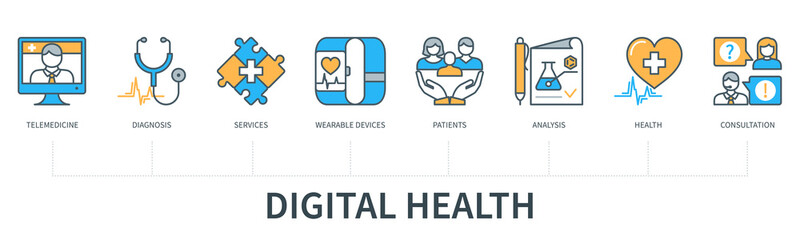 Digital health concept with icons. Telemedicine, diagnosis, service, wearable devices, patient, analysis, health, consultation. Web vector infographic in minimal flat line style