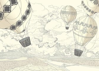 Graphic air balloons painted on beige background. Design for wallpaper, wall mural, card, postcard, photo wallpaper.
