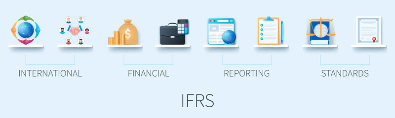 Fototapeta na wymiar IFRS banner with icons. International, Financial, Reporting, Standards. Business concept. Web vector infographic in 3D style