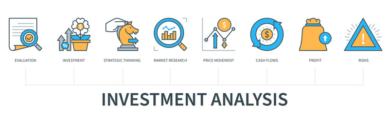 Investment analysis concept with icons. Evaluation, investment, strategic thinking, market research, cash flow, price movement, risks, profit. Web vector infographic in minimal flat line style