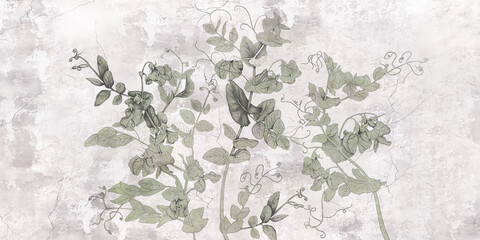 Fototapety  Sweet peas. Graphic grey wildflowers painted on the grey grunge wall. Floral background in loft, modern style. Design for wall mural, card, postcard, wallpaper, photo wallpaper.