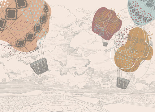 Graphic air balloons painted on a grunge wall. Light beige background. Design for wallpaper, wall mural, card, postcard, photo wallpaper.