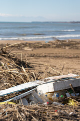 Various garbage on beach: plastic bottles, paper, broken branches and others on the background of the sea. Pollution of the world's oceans