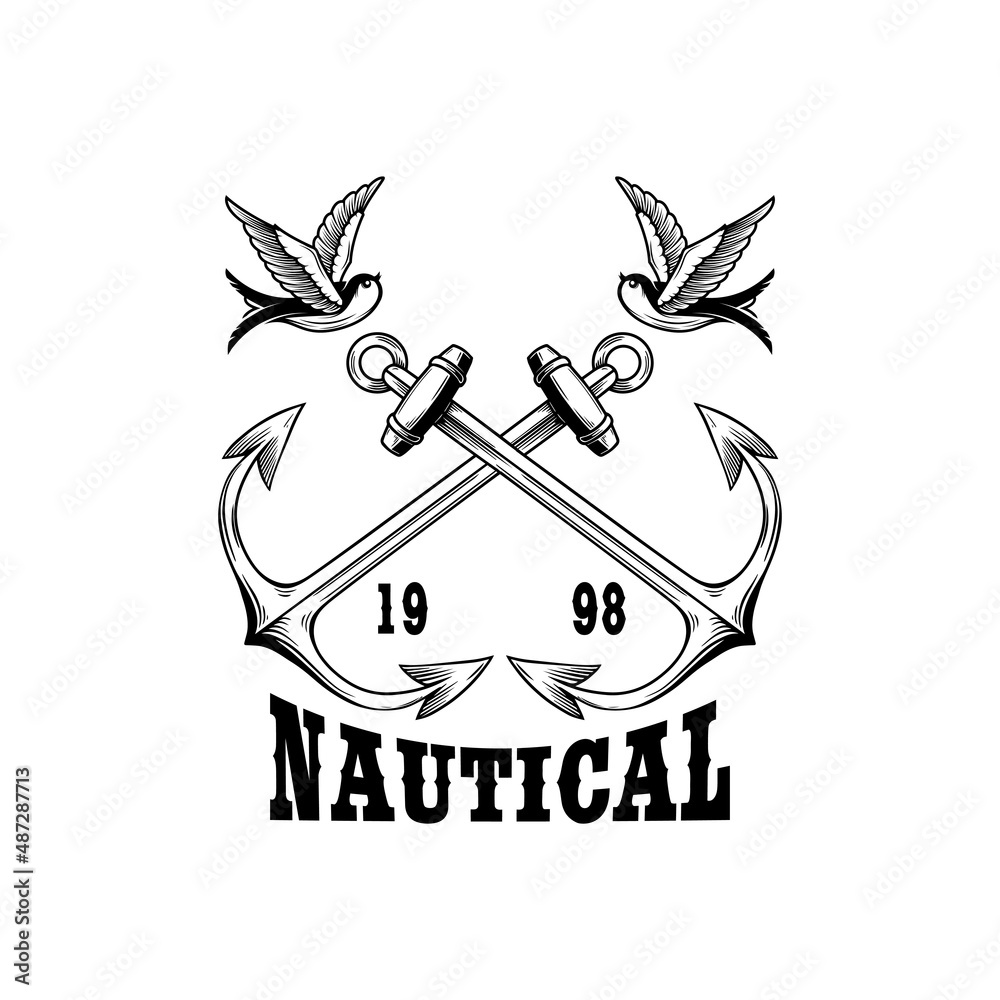 Wall mural vintage anchor with swallows. design element for emblem, sign, badge, logo. vector illustration