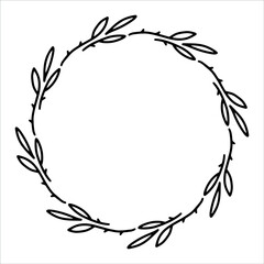 Vector hand drawn spring wreath isolated on white background. Outline circle of leaves. Doodle style. Floral frame.