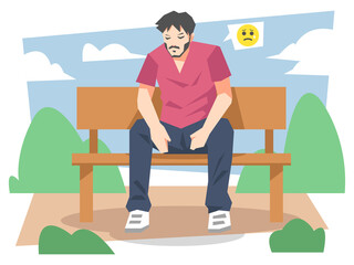 illustration of a man sitting on a park bench. with a sad expression. cloud background, grass. suitable for themes of loneliness, failure, regret, problem, etc. flat vector