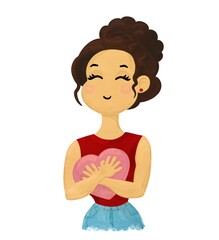 Watercolor illustration of a cute girl with dark curly hair hugging a pink heart