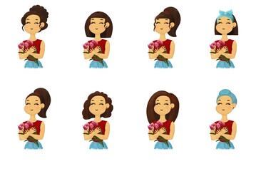 set of cartoon girls with different brown hairstyles. Avatars for the 8 of March, Women’s day