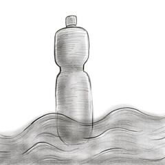 hand drawn sketch of a plastic bottle in the ocean