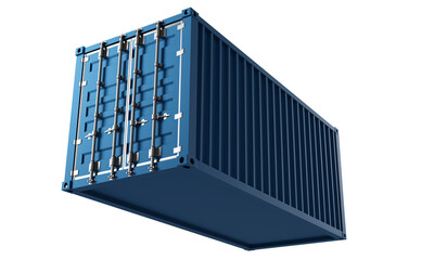 Blue shipping container isolated. Metal box volumetric. Detailed container for sea transportation. Large logistics container. Box for transportation and storage of goods on white. 3d rendering.