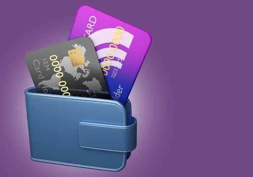 Two cards in wallet. World map on one of them. Banking products for non-cash payments. Set of credit cards on purple background. Credit card concept for tourists. Life on credit. 3d image.