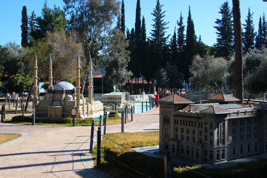 Antalya - Turkey - February 11, 2022: Dokuma Park, a tree-dotted park with play areas, picnic spots and an open-air museum of miniature Turkish landmarks