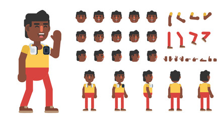 Creation kit of a trendy black or indian man in casual outift. Modern vector illustration. Create your own pose, action, animation