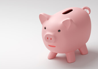 Piggy bank on light background. Pink piggy bank for saving money. Wealth accumulation concept. Piggy bank symbolizes saving money. Place for text on topic of money. Moneybox cartoon style. 3d image.