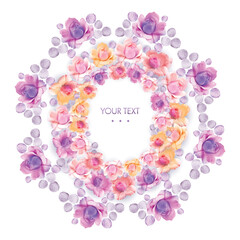 Fototapeta na wymiar Botanical floral fashion decorative photoprint digital illustration circular composition of roses decor, posters and postcards in delicate purple pink and yellow colors on a white background.
