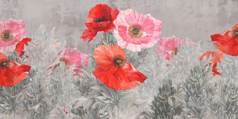 Poppies flowers illustration. Poppies painted on the grunge wall. Beautiful design for postcard, picture, mural, wallpaper, photo wallpaper. - obrazy, fototapety, plakaty