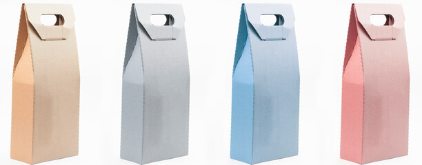 paper bags on a white background. eco packaging concept. product packaging layout. illustration of shopping in the market.craft beige bags on a light texture. cardboard boxes with space for an inscrip