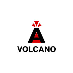 Abstract logo black mountain in the shape of the letter A with an erupting volcano. Flat style. Vector, illustration